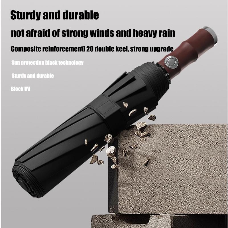 20 Rippen Nachahmung Bambusgriff Doppelgestell Automatischer Faltregenschirm für Geschäft Regen- und Sonnenschutz für Männer Frauen
