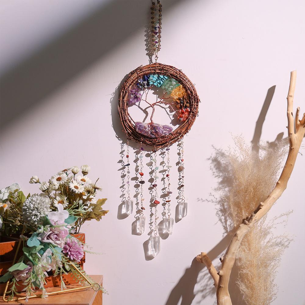 Handmade Natural Wood Vine Ring Christmas Wreath with Crystal Stone Wind Chime Children's Room Bedroom Craft Decoration Pendant