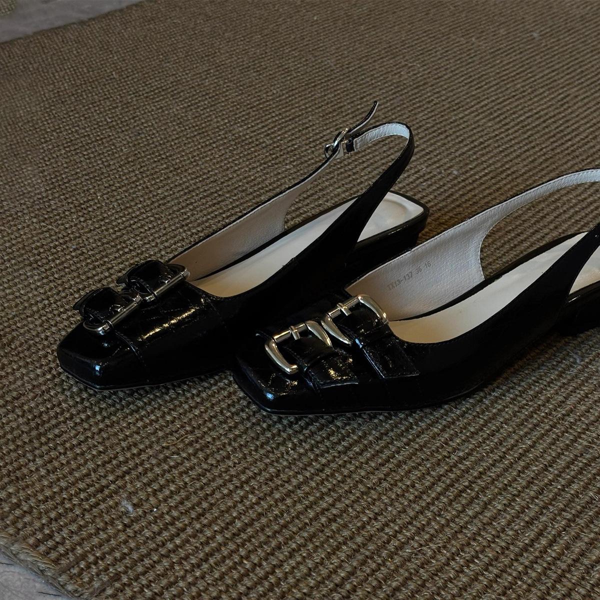 

Spring and summer back empty retro square head light mouth thick heel Mary Jane single shoes women s belt buckle bag head sandals 35 чёрный