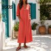 Retro Style Dress Women's Summer Button Down Long Dress, Casual Loose V Solid Color Neck Tunic Roll Up Sleeve Vacation Lounge Outfits Women