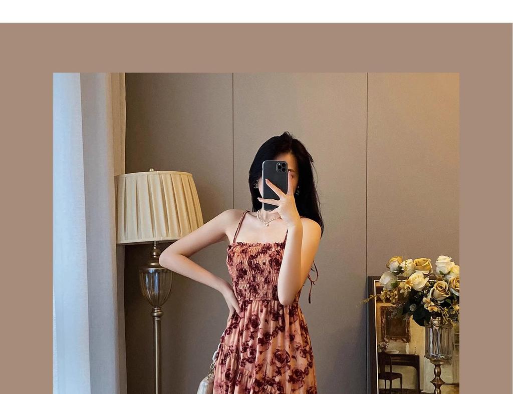 Women's Elegant French Floral Pleated Strappy Dress - Summer High Waist A-line Long Skirt