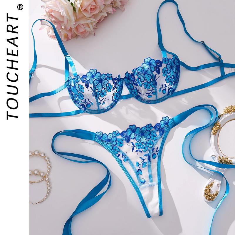 Toucheart 2 Piece Set Embroidery Lingerie Set Women Sheer Bra and Brief Underwear Set Satin Sexy Intimates See-Through Underwear