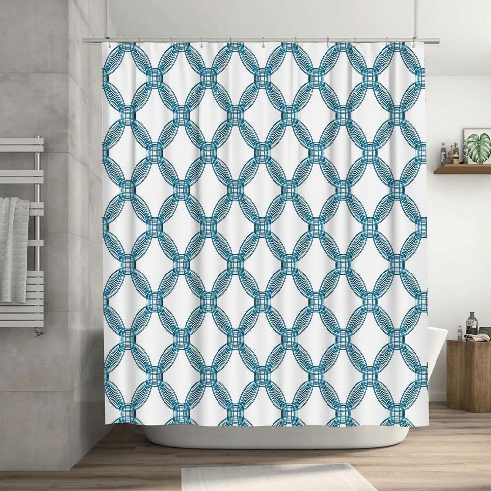 Teal Geometric Shower Curtain Modern Abstract Waterproof Bathroom Decor Set Vintage Style Washable Fabric Backdrop