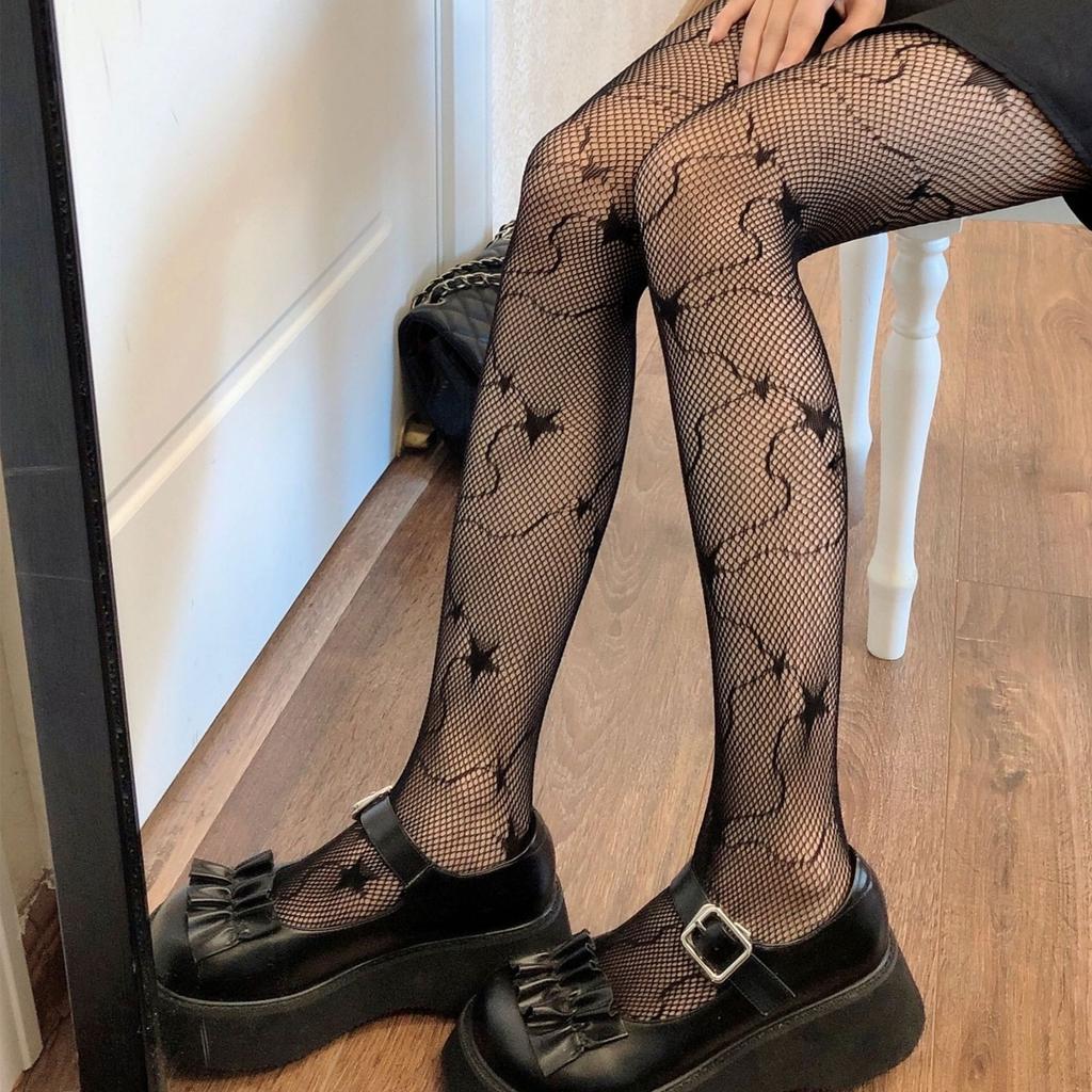 Classic Women Lolita Hollowed Out Lace Mesh Stockings Bottomed Pantyhose Tights Lolita Retro Floral Rattan Black Stocking