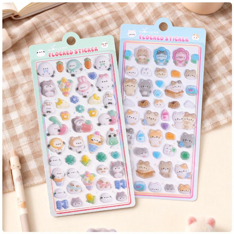 1-6Pcs Flocked 3D Relief Stickers Cute Cartoon Animals Stationery Sticker Journaling DIY Diary Laptop Phone Case Decoration