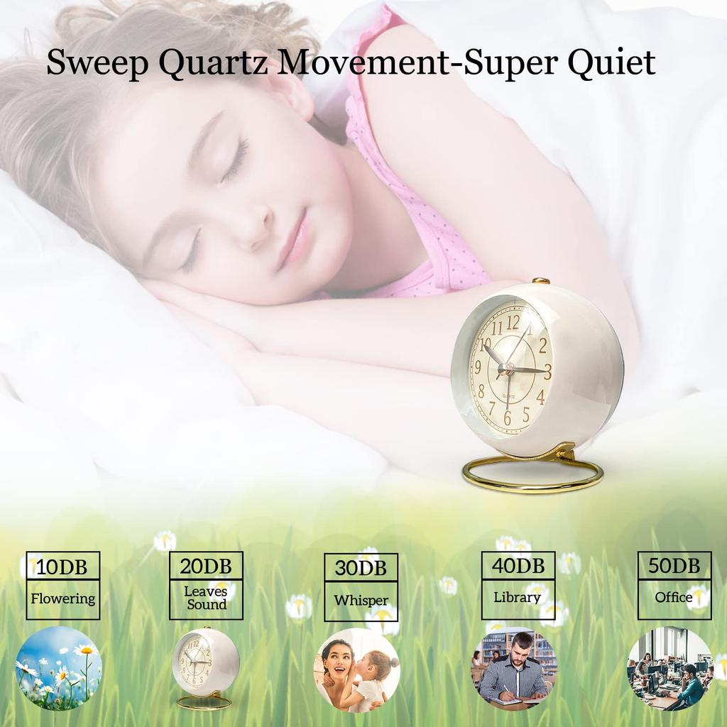 JUSTUP Mini Table Clock, Classic Silent, No Tick-a-Mouth, Analog Alarm Clock, Backlit, HD Glass, for Bedroom, Living Room, Kitchen, Home Decor (White)