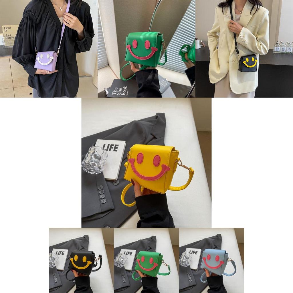 Cute Small Smile Face Color Block Pu Shoulder Bag With Magnetic Closure