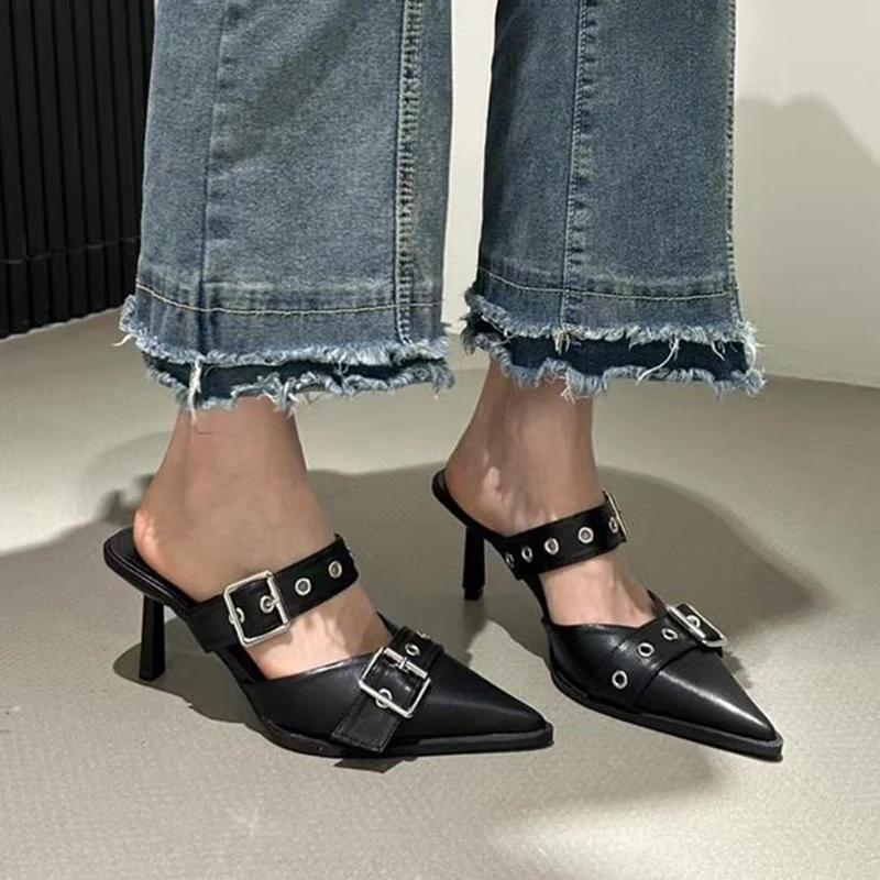 Fashion Punk Metal Buckle High Heels Shoes for Women Sexy Pointed Toe Stiletto Heel Sandals Woman Summer 2025 Fashion Party Silver Pumps