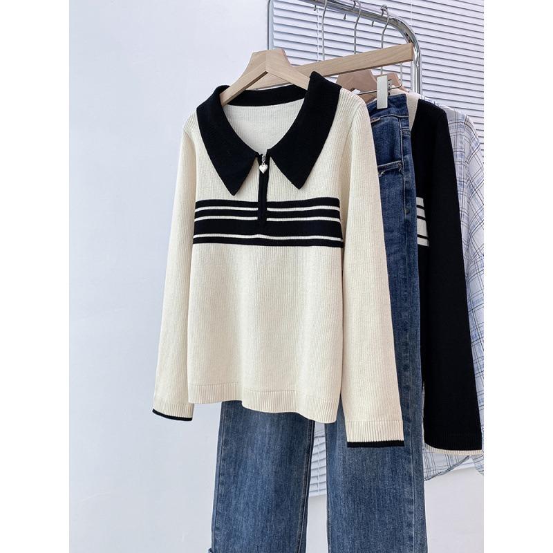 Herbst und Winter fette Schwester Halbzipper Farbblockierung Revers Gestrickter Pullover Damen Lockerer Pullover Bauchverstecker Fleischbodyshirt