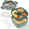 Dubbele Stapelbare Lunchbox, 50 oz. Grote Saladeschaal, Bak met 4 vakken, 3 oz. Sauscontainer, Ingebouwde Herbruikbare Vork & Lepel