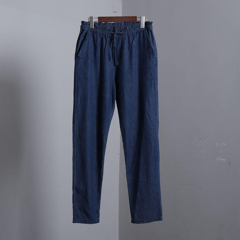 Tencel Dark Blue Lace Elastic Waist Spring and Summer Straight-Leg Pants