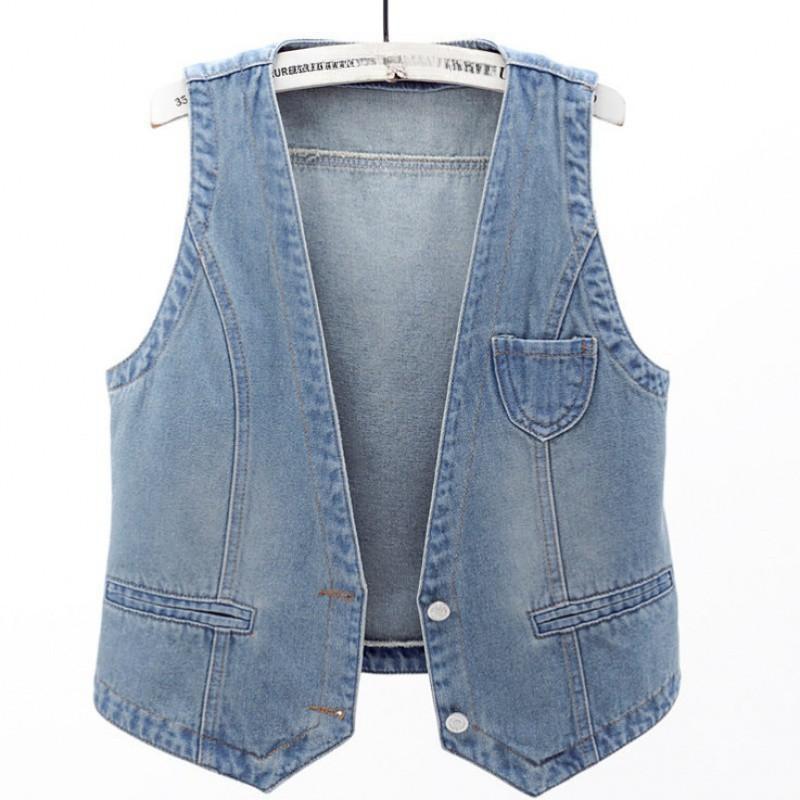 Women's Short   Denim Vest  Spring   Slim Sleeveless Jacket Vest Single-breasted Solid Color Top