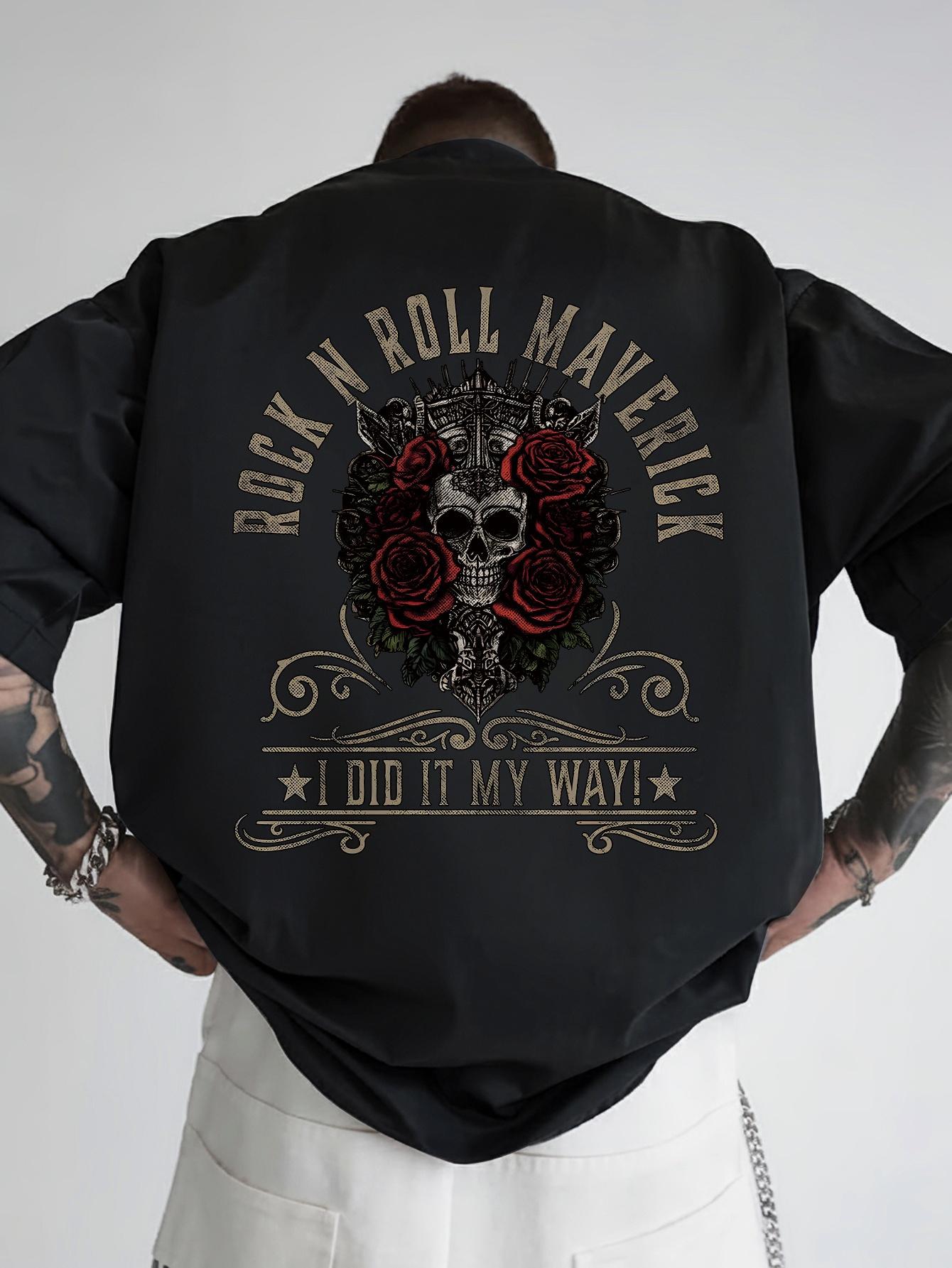

Vintage Rock Band Graphic T-shirt - Black Short Sleeve Round Neck Tee with Skull & Roses Back Print XL