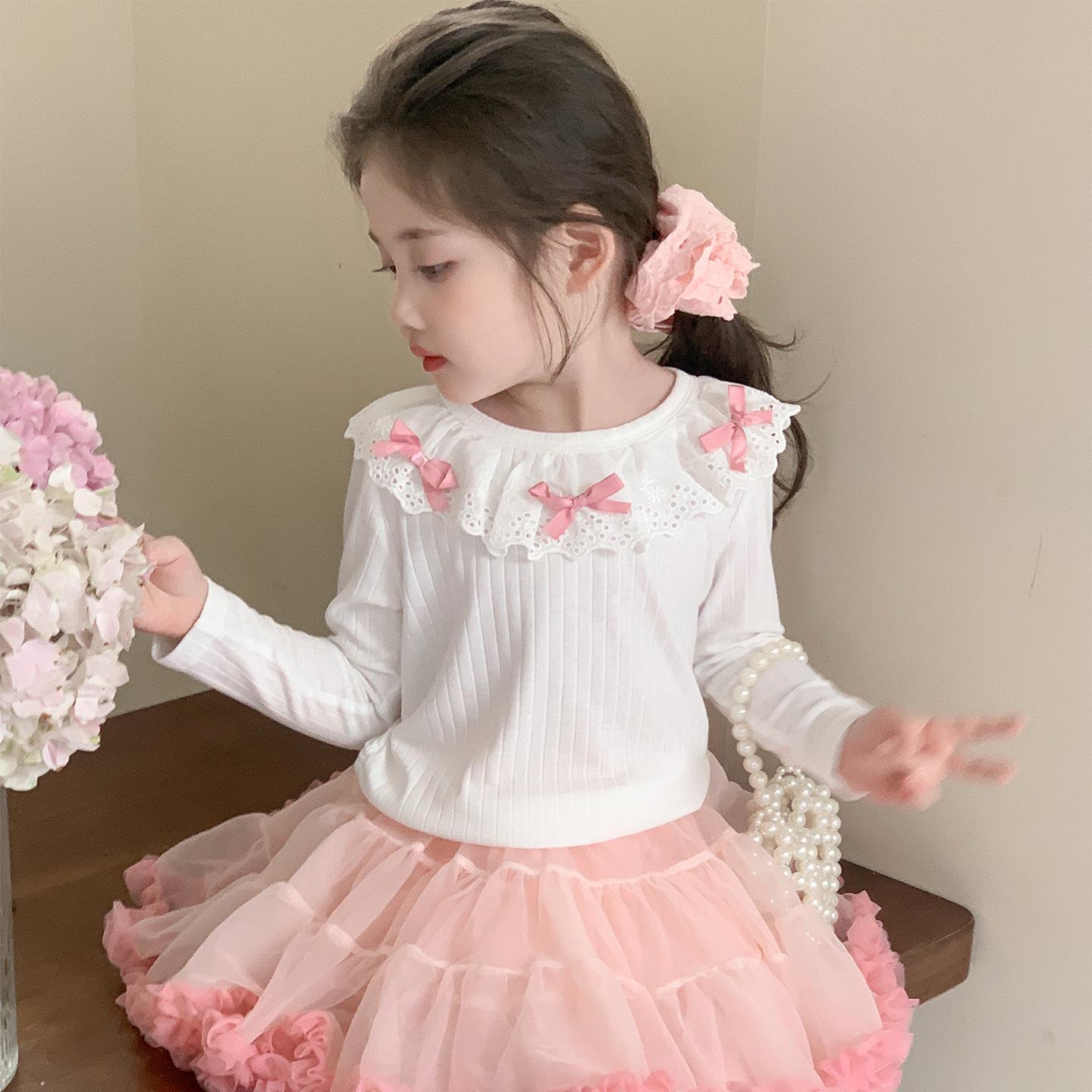

Girls Lace Base Shirt - Spring/Autumn 2025 New Long Sleeve T-shirt for Kids 130 cm белый