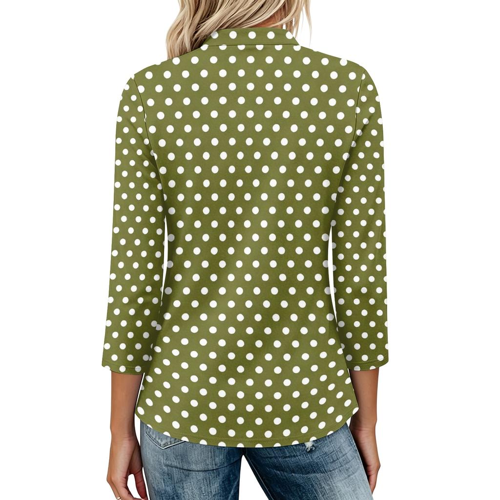 Damen Casual Poloshirt Lockerer Schnitt Dreiviertelarm Oberteil Knopfleiste Pünktchenmuster Leichter Bequemer Stoff