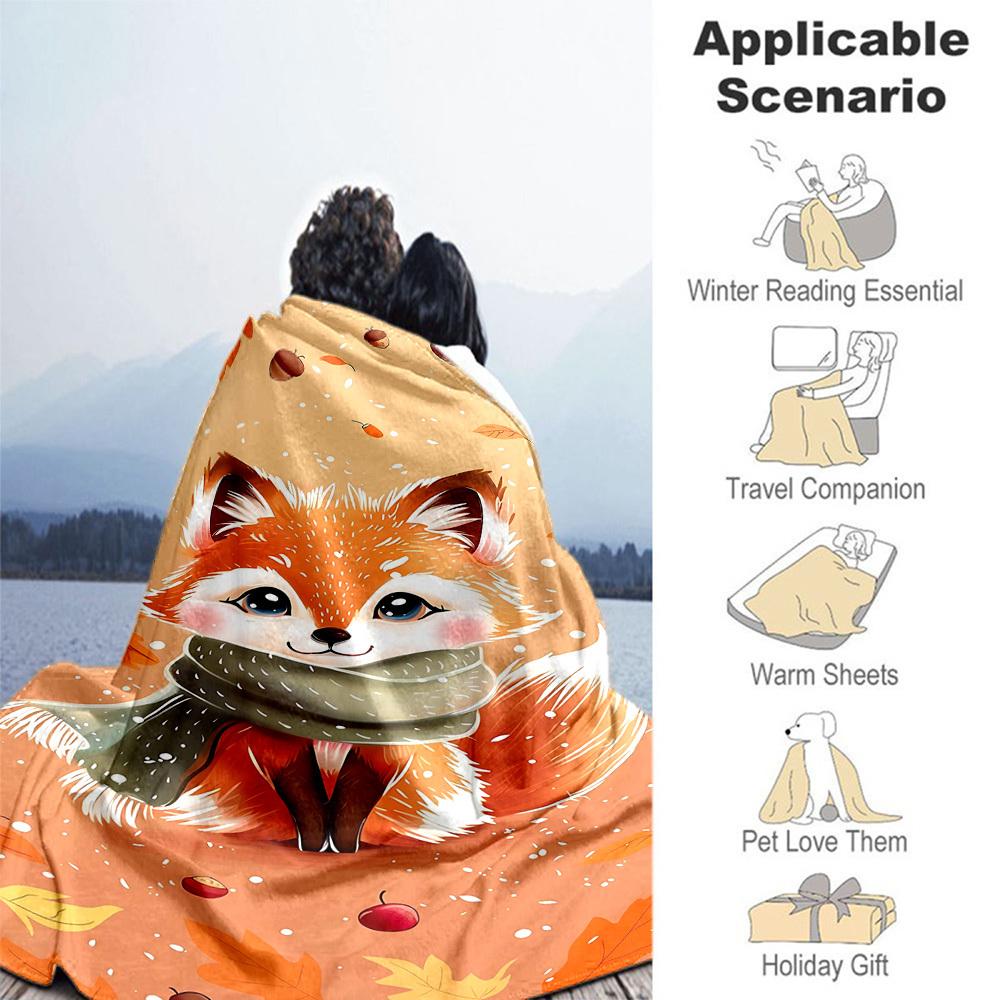 1PC Autumn FoxOutdoor Flannel Blanket - Soft Plush Decor for Picnics, Camping, Bedroom, Playroom, Office, or Lunch Break 1349A