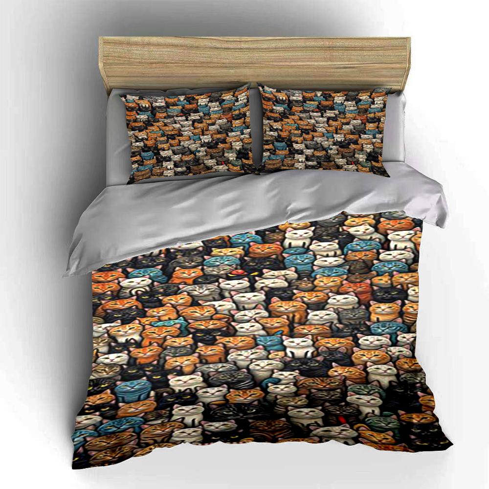 Colorful Cat Faces Pattern Bedding Set Bedding set (1 duvet cover, 2 pillowcases, duvet not included)