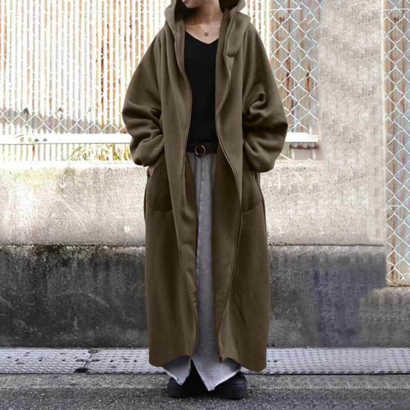 

ZANZEA, женские длинные куртки с капюшоном большого размера, осень-зима, повседневные толстовки на молнии, толстовка, верхняя одежда 5XL армия зеленый