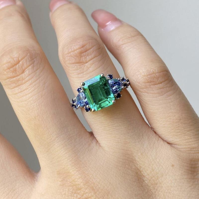 

Huajie Women s Green Blue Shining Square Zirconia Inlaid Ring Minimalist Classic Party Rings Fashion Gift Tide 10 зелений