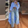 Women's Mock Neck Long Flare Sleeve Lace Kimono Irregular Long Cover Up Top