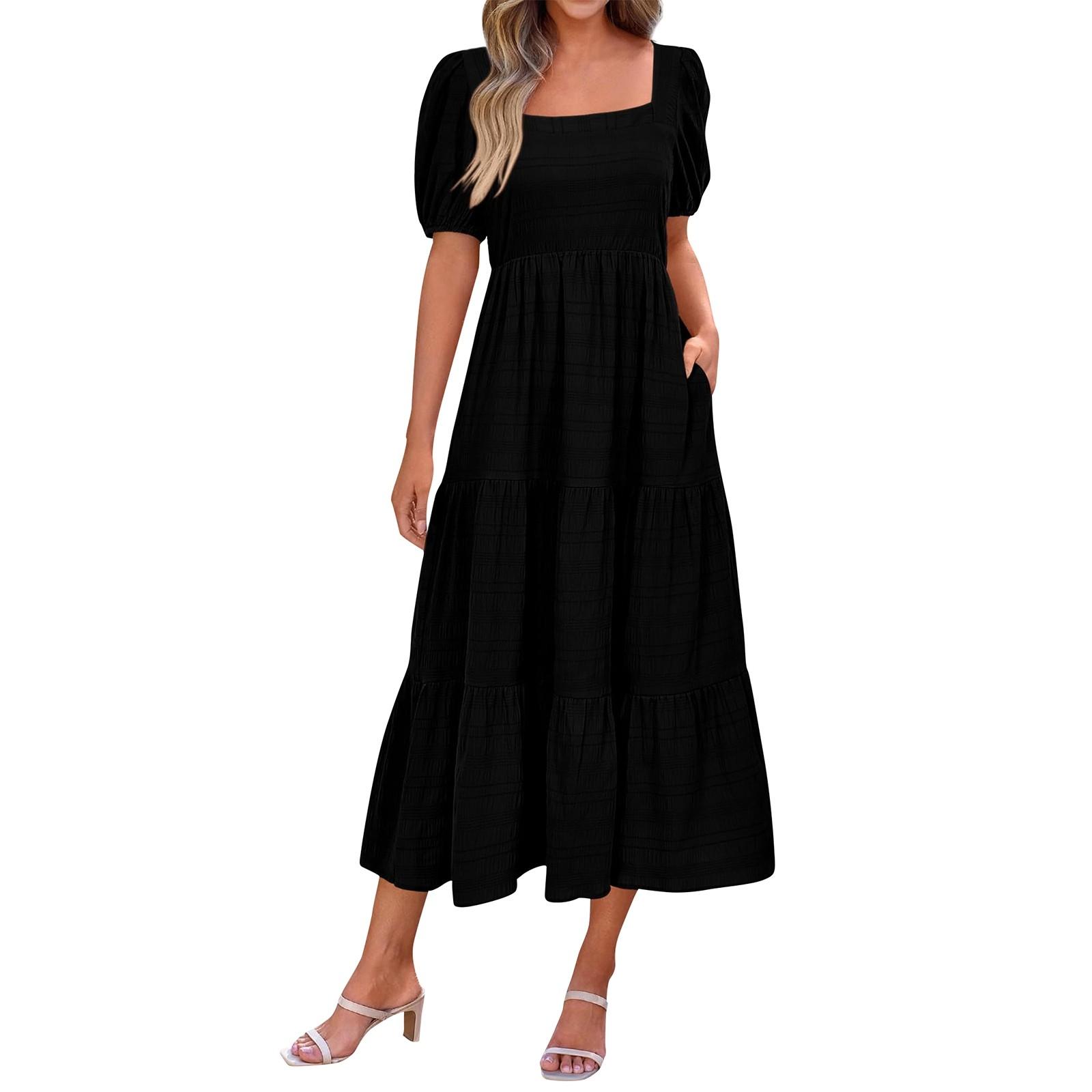 Women s Fashionable Color Bubble Sleeve Square Neck Back Pleated Short Sleeved Pocket Dress XL чёрный