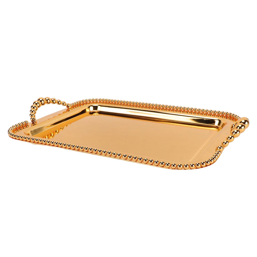 Metal Serving Tray with Beads European Decorative Rectangular Mirror Serving Platter with Handle for Table Centerpiece