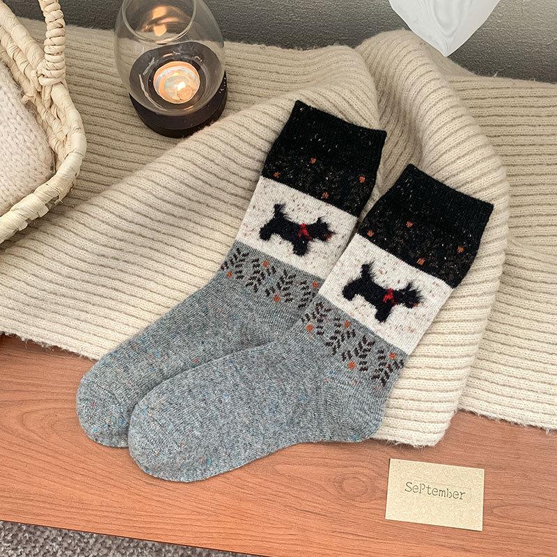 Vintage Fair Island Puppy Wool Socks Thickened Warm Tube Socks Stockings Stacking Socks Cute Plush Socks