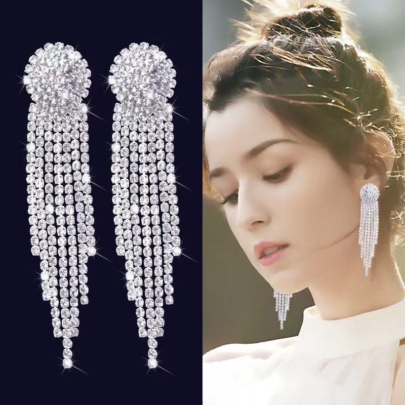 S925 Silver Needle Inlaid Diamond Long Tassel Earrings - Exaggerated European & American Style for Autumn/Winter Evenings