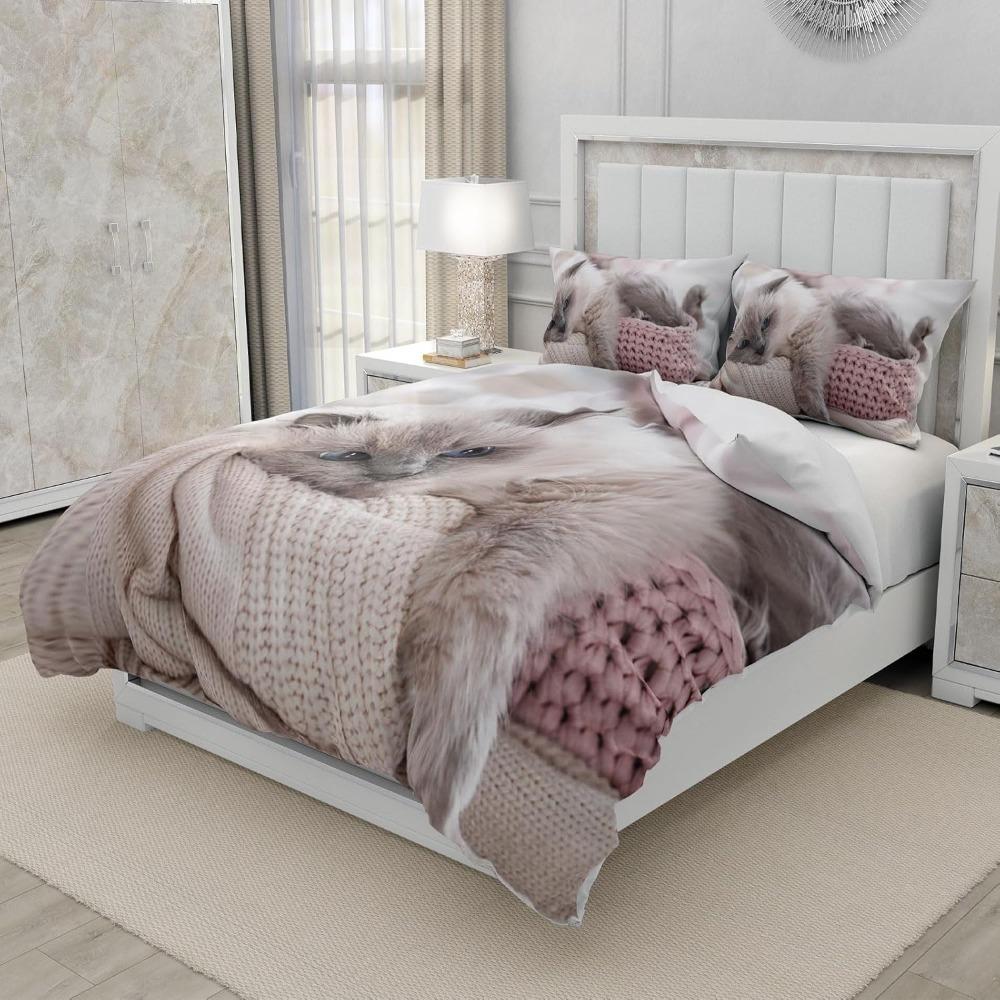 Cute Cat Duvet Cover 3D Cat Pattern 3-piece Set for Children and Adults, Bedding Set with Zipper, 2 Pillowcases, Ultra-fine Fibe