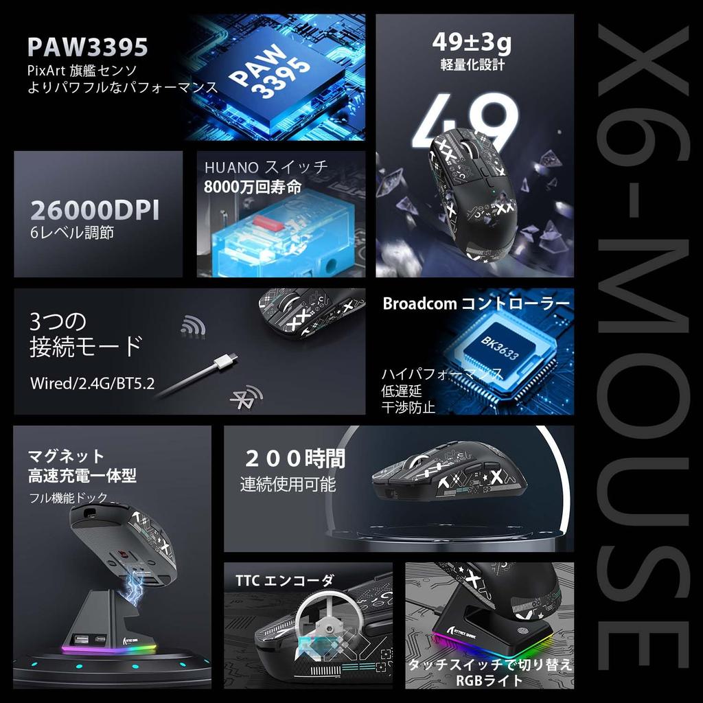 MAMBASNAKE X ATTACK SHARK X6 Gaming PAW3395 Wireless DPI 26000 200 Hours of Continuous Magnetic RGB Charging Black Sticker Ultra-Lightweight Mouse,