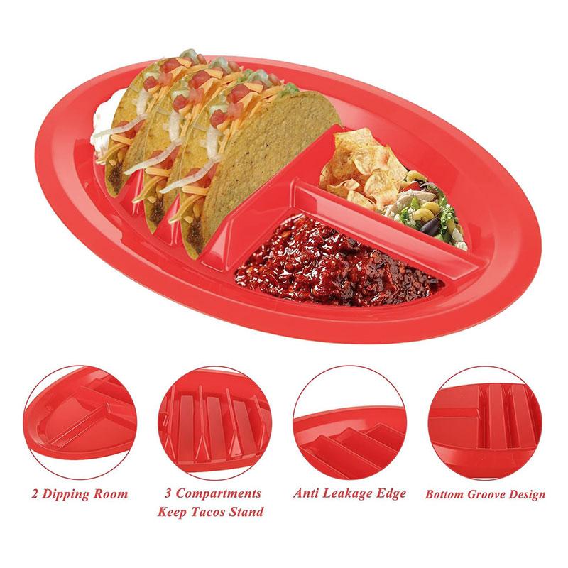 PGY 4/8 Packs Plastic Taco Plates for Party Large Taco Holder with 2 Dipping Areas Stand Up Divider for 3 Tacos Dishwasher Safe