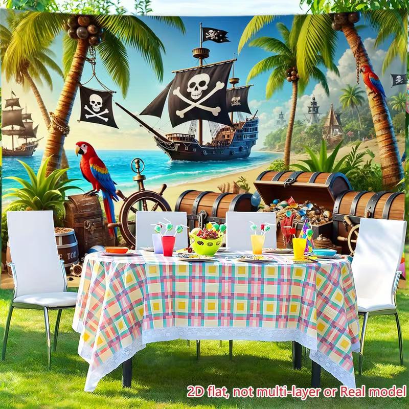 Vinyl Pirate Beach Backdrop - Pirate Ship, Parrot & Treasure Chest Photography Background