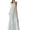 2025 Summer Linen Cotton Slip Dress - Solid Color, Loose Fit, Patchwork Design, Literary Style
