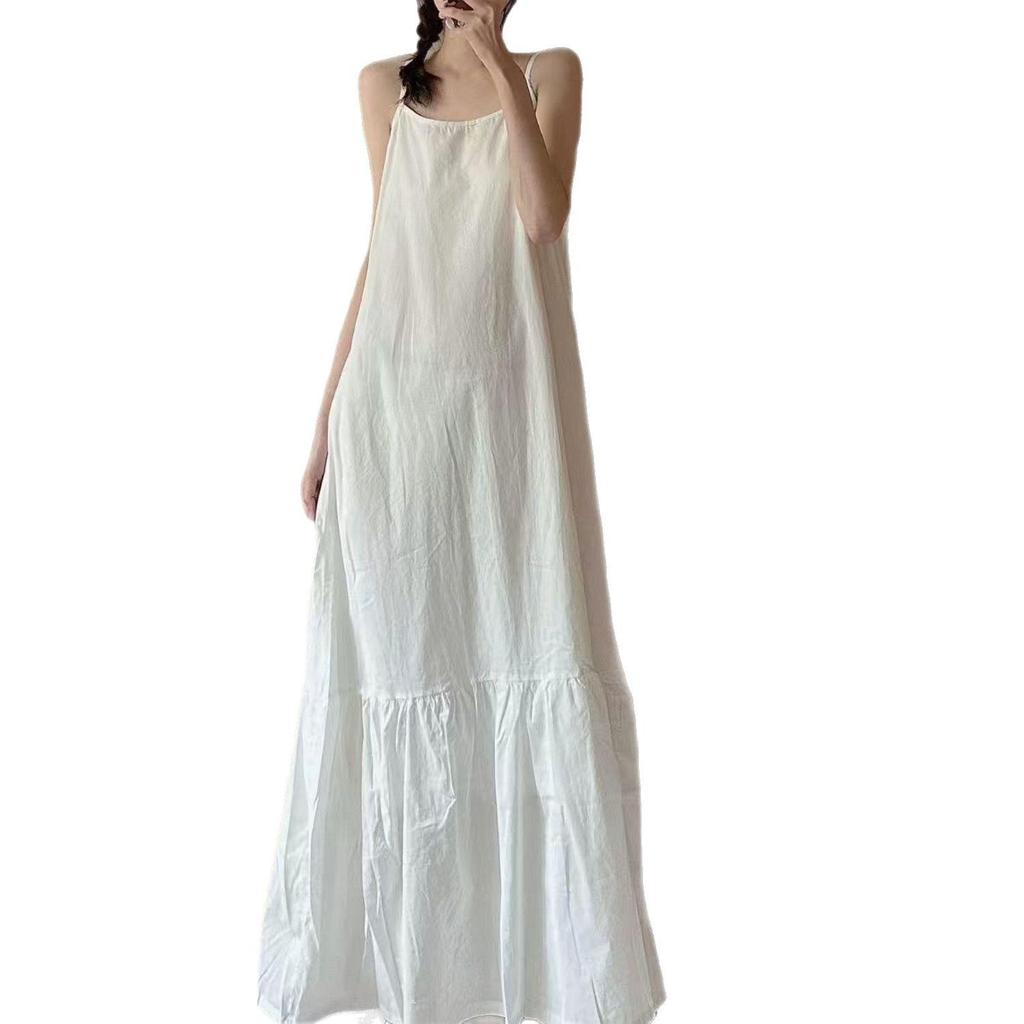 2025 Summer Linen Cotton Slip Dress - Solid Color, Loose Fit, Patchwork Design, Literary Style