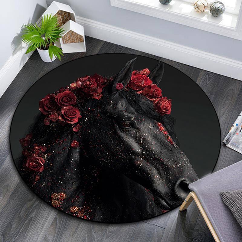 Schwarzes Pferd Runder Teppich, Teppich für Wohnzimmer Schlafzimmer Sofa Spielzimmer Dekor, Rutschfeste Fußmatte