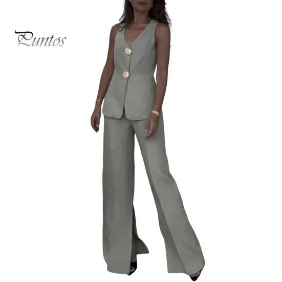 

Женский комбинезон с v-образным вырезом, топ без рукавов, широкие брюки с разделенными концами, городской повседневный стиль, комплект из двух предметов, пригородный наряд для рабочих вечеринок, отдыха M серый