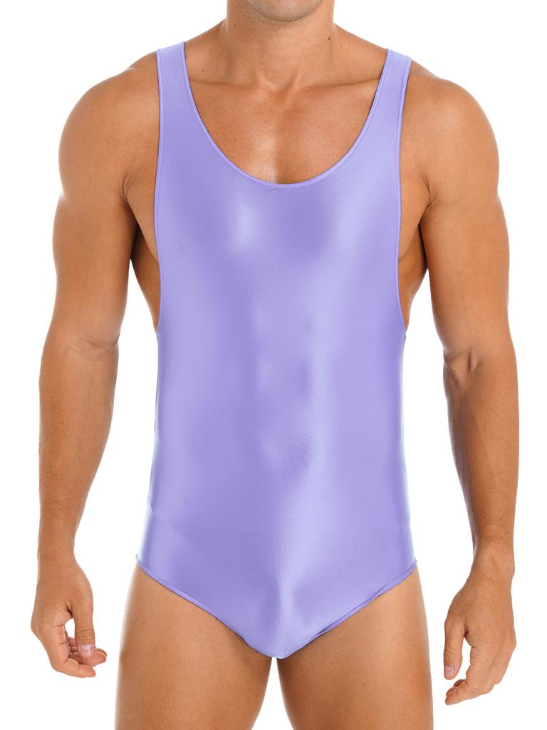 Mens Glossy Stretchy Sleeveless U Neck Leotard Skinny Jumpsuit Wrestling Singlet