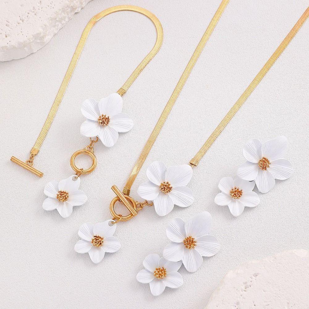 Metal Flower Necklace Earrings Set OT Buckle Pendant Jewelry Suit Elegant Flower Jewelry Set  Women