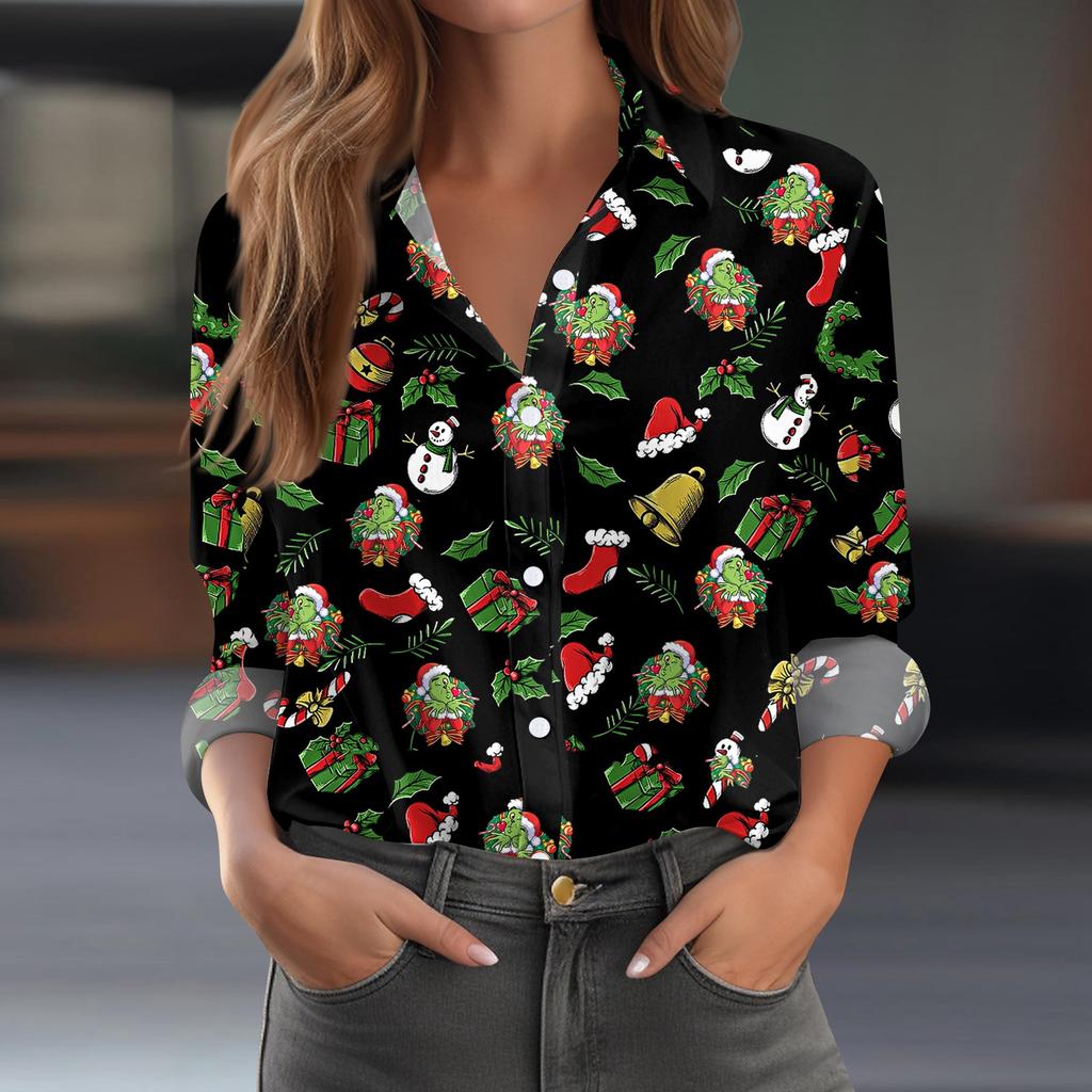 Women's Shirt Blouse Christmas Print Button Long Sleeve Casual Basic Shirt Collar Regular Top
