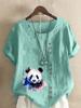 Women's Fashion Panda Print Round Neck Short Sleeve T-shirt Casual Cotton Linen Graphic Shirt Leisure Loose Summer Blouse Tops