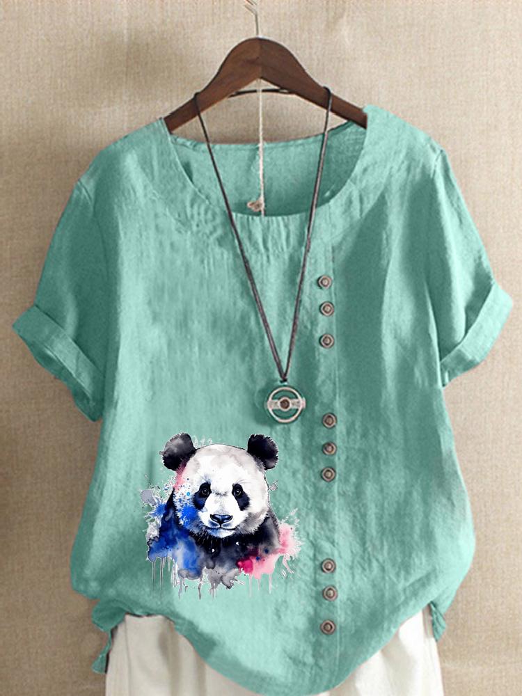 Women's Fashion Panda Print Round Neck Short Sleeve T-shirt Casual Cotton Linen Graphic Shirt Leisure Loose Summer Blouse Tops