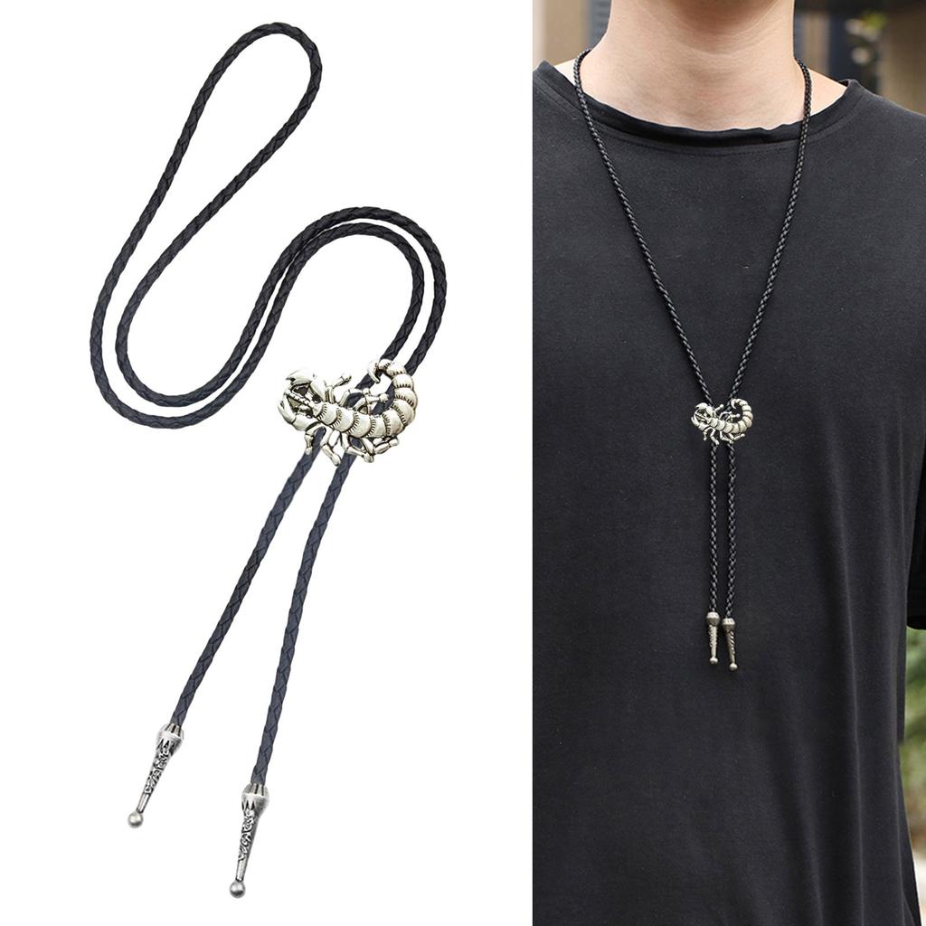 Metal Scorpion Animal Pendant Bolo Tie Western Cowboy Outfit Vintage Leather Cord Rodeos Necktie Necklace for Men Women
