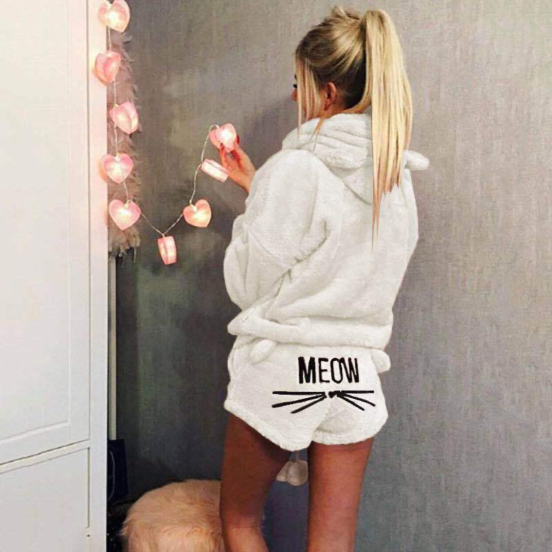 Dámská móda Jednobarevná teplá zimní pyžamová souprava Dvoudílné roztomilé kočičí pyžamo s kapucí Noční oblečení plus size S-5XL
