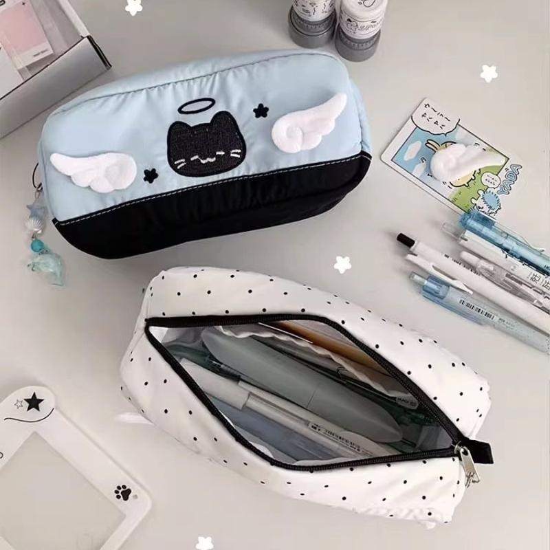 Cartoon Angel Demon Cat Pencil Case Large Capacity Mesh Pocket Design Stationery Storage for School Kids Students Gift