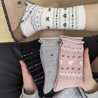 Meias de Meia-Panturrilha de Primavera e Verão para Mulheres, Meias de Algodão Brancas em Forma de Coração com Laço com Sapatos e Meias Burken