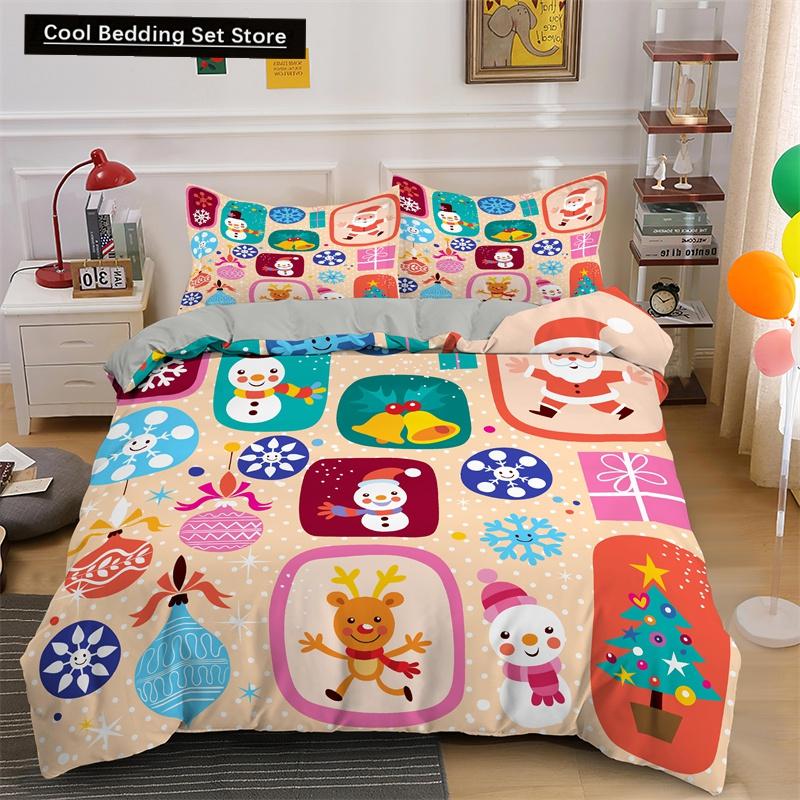 3D Merry Christmas King Queen Bedding Set Kids Cartoon Santa Snowman Deer Comforter Cover XMAS Duvet Cover Polyester Quilt Cover