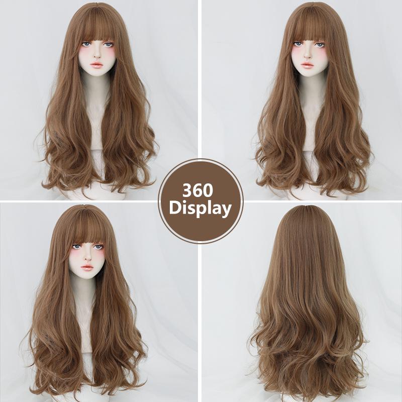 7jhh Wigs Honey Brown Wigs With Neat Bangs High Density Synthetic Loose Brown Hair Wig For Women Daily Use Beginner Friendly