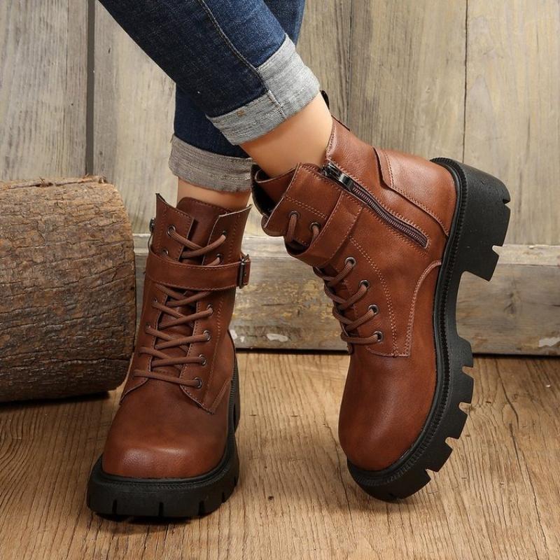 Fashion Women's Platform Chelsea Boots New Round Toe Chunky Heel Women Brown Ankle Boots Outdoor High Heel Leather Boots Zapatos Mujer