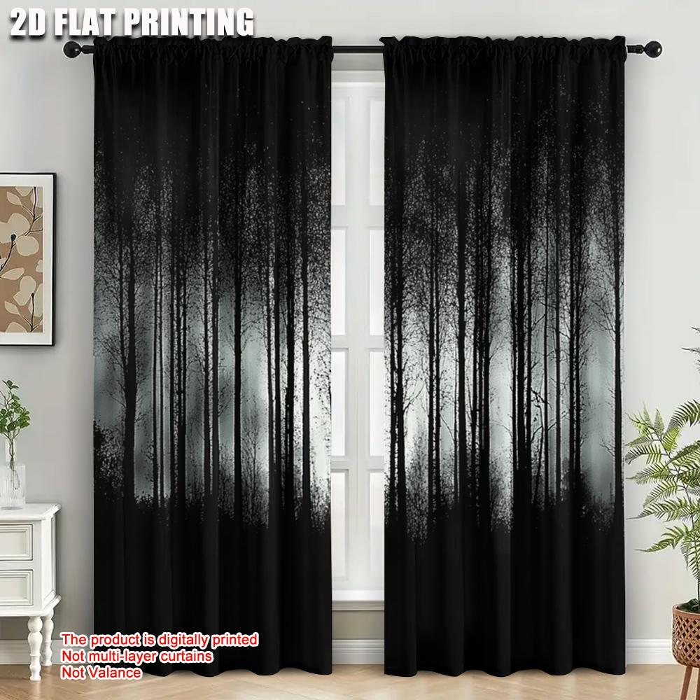 2pcs   Contemporary Curtains 2D print Gothic Black Forest & Pine Tree Print 100% Polyester (without rod) Art Deco Festive Perfect