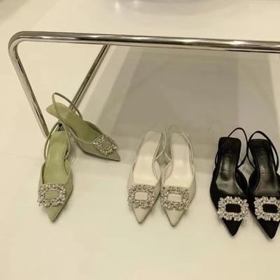 Women High Heel Sandals Summer New Fashion Pointed Toe Rhinestone Formal Back Empty Comfortable Ladies Party Luxury Mule Shoes